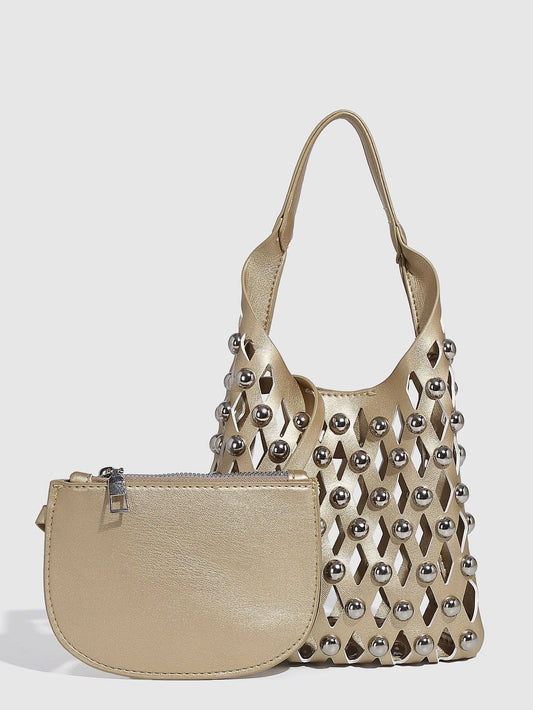 Hollow Out Rivet Chain Shoulder Bucket Bag