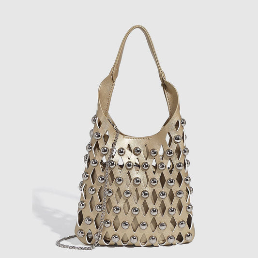 Hollow Out Rivet Chain Shoulder Bucket Bag